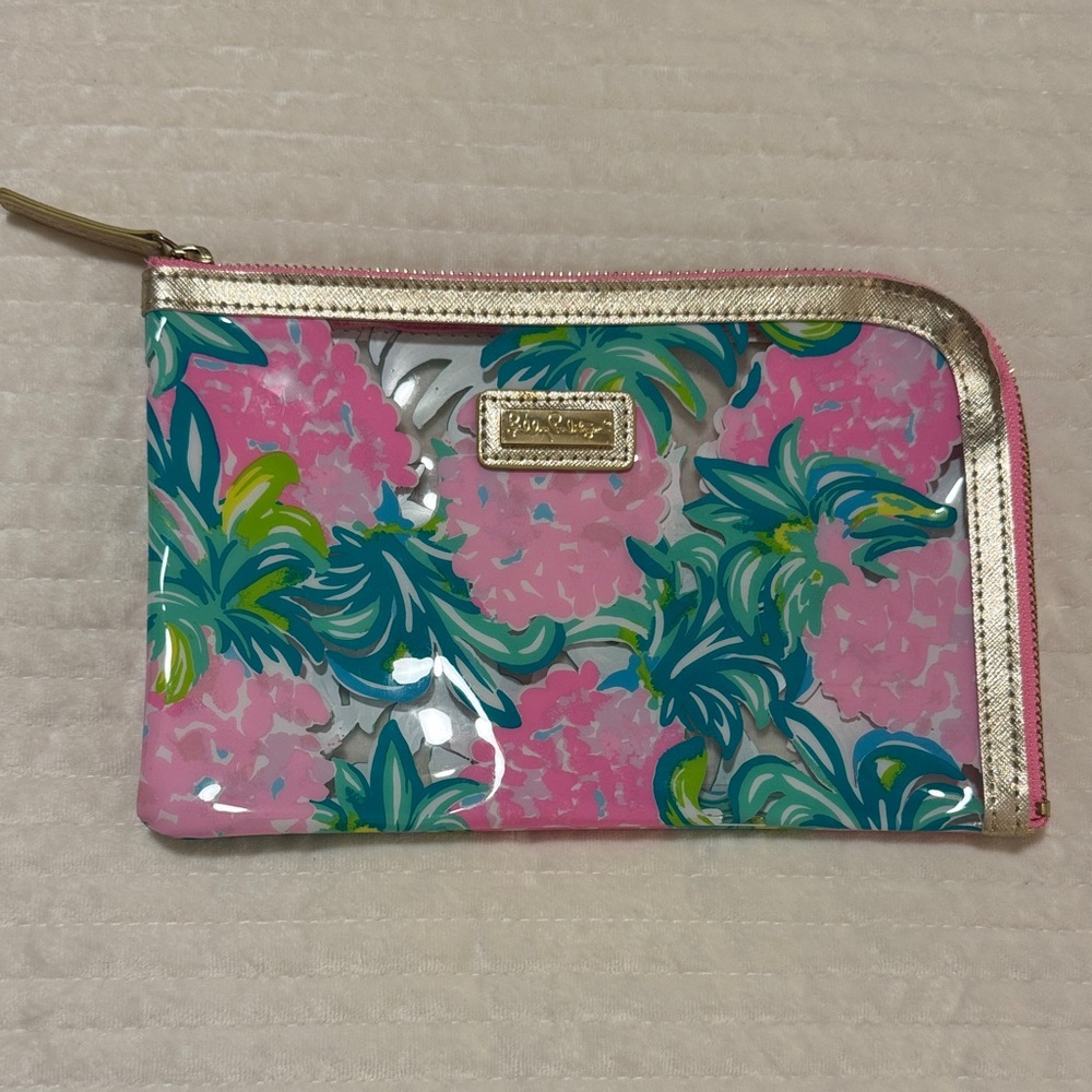 Lilly Pulitzer Pink and Green Floral Pouch with Gold Accents